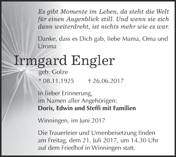Traueranzeige von Irmgard Engler von Super Sonntag Aschersleben
