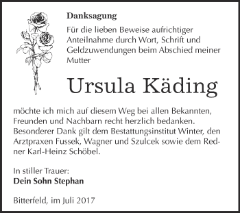Traueranzeige von Ursula Käding von WVG - Wochenspiegel Bitterfeld