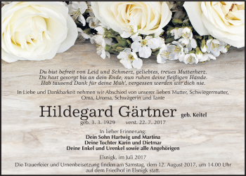 Traueranzeige von Hildeghard Gärtner von Mitteldeutsche Zeitung Köthen