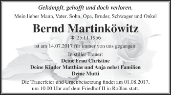 Traueranzeige von Bernd Martinköwitz von WVG - Wochenspiegel Dessau / Köthen