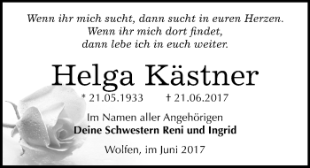 Traueranzeige von Helga Kästner von Mitteldeutsche Zeitung Bitterfeld