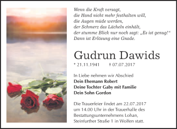 Traueranzeige von Gudrun Dawids von WVG - Wochenspiegel Bitterfeld