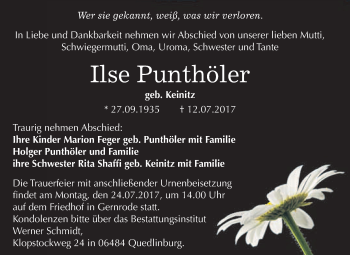 Traueranzeige von Ilse Punthöler von WVG - Wochenspiegel Quedlinburg