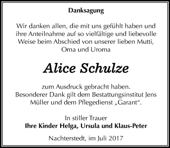Traueranzeige von Alice Schulze von Mitteldeutsche Zeitung Aschersleben