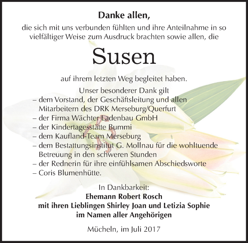  Traueranzeige für Susen Rosch vom 15.07.2017 aus Mitteldeutsche Zeitung Merseburg/Querfurt