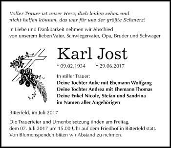 Traueranzeige von Karl Jost von Mitteldeutsche Zeitung Bitterfeld