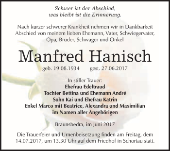 Traueranzeige von Manfred Hanisch von WVG - Wochenspiegel Merseburg