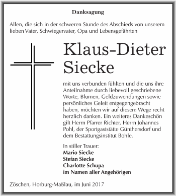 Traueranzeige von Klaus-Dieter Siecke von WVG - Wochenspiegel Merseburg