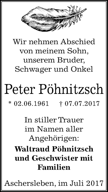 Traueranzeige von Peter Pöhnitzsch von Mitteldeutsche Zeitung Aschersleben