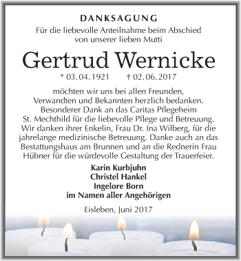 Traueranzeige von Gertrud Wernicke von Mitteldeutsche Zeitung Mansfelder Land