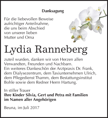 Traueranzeige von Lydia Ranneberg von Mitteldeutsche Zeitung Merseburg/Querfurt
