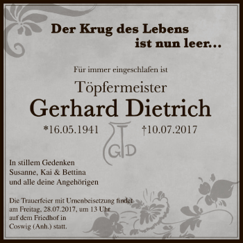 Traueranzeige von Gerhard Dietrich von WVG - Wochenspiegel Dessau / Köthen