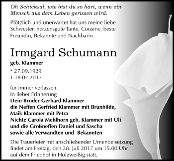Traueranzeige von Irmgard Schumann von Mitteldeutsche Zeitung Bitterfeld