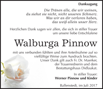 Traueranzeige von Walburga Pinnow von Mitteldeutsche Zeitung Quedlinburg