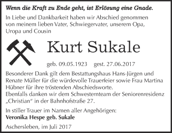Traueranzeige von Kurt Sukale von Super Sonntag Aschersleben