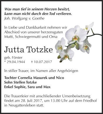 Traueranzeige von Jutta Totzke von Super Sonntag Bernburg