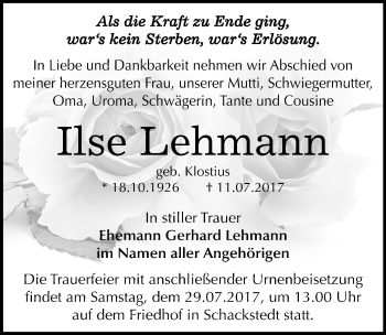 Traueranzeige von Ilse Lehmann von Mitteldeutsche Zeitung Bernburg