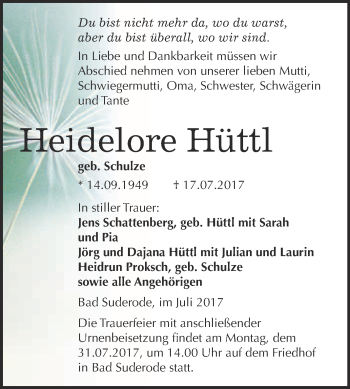 Traueranzeige von Heidelore Hüttl von Super Sonntag Quedlinburg
