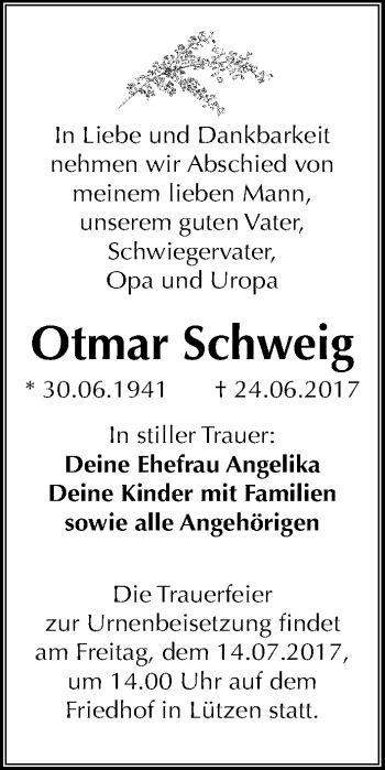 Traueranzeige von Otmar Schweig von Mitteldeutsche Zeitung Weißenfels