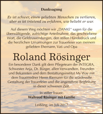 Traueranzeige von Roland Rösinger von WVG - Wochenspiegel NMB / WSF / ZTZ