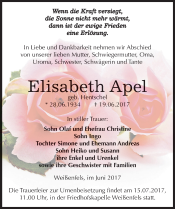 Traueranzeige von Elisabeth Apel von Mitteldeutsche Zeitung Weißenfels