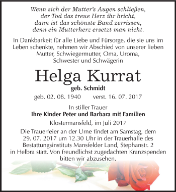 Traueranzeige von Helga Kurrat von Mitteldeutsche Zeitung Mansfelder Land