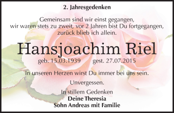 Traueranzeige von Hansjoachim Riel von Mitteldeutsche Zeitung Sangerhausen