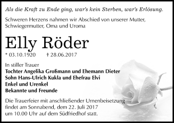 Traueranzeige von Elly Röder von Mitteldeutsche Zeitung Halle/Saalkreis