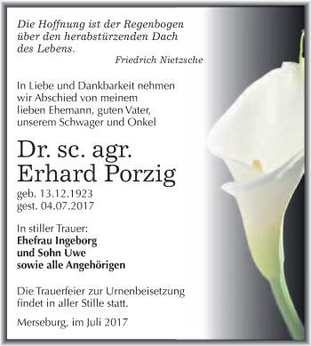 Traueranzeige von Erhard Porzig von WVG - Wochenspiegel Merseburg
