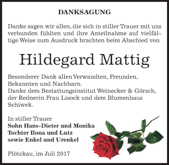 Traueranzeige von Hildegard Mattig von Mitteldeutsche Zeitung Bernburg