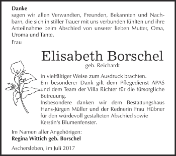 Traueranzeige von Elisabeth Borschel von Super Sonntag Aschersleben