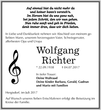 Traueranzeige von Wolfgang Richter von Mitteldeutsche Zeitung Mansfelder Land