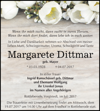 Traueranzeige von Margarete Dittmar von Super Sonntag SGH Mansf. Land