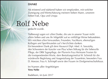 Traueranzeige von Rolf Nebe von WVG - Wochenspiegel Quedlinburg