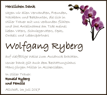 Traueranzeige von Wolfgang Ryberg von Super Sonntag Aschersleben