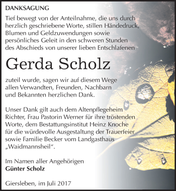 Traueranzeige von Gerda Scholz von Mitteldeutsche Zeitung Aschersleben