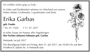 Traueranzeige von Erika Garbas von Mitteldeutsche Zeitung Mansfelder Land