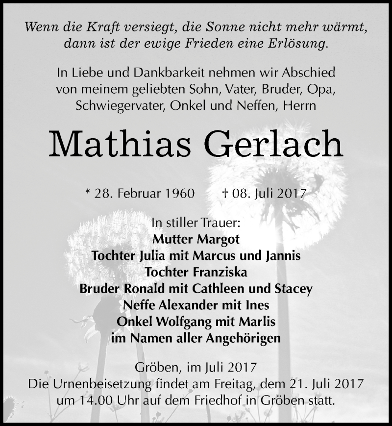  Traueranzeige für Mathias Gerlach vom 14.07.2017 aus Mitteldeutsche Zeitung Weißenfels