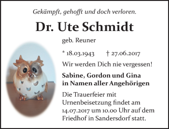 Traueranzeige von Ute Schmidt von Mitteldeutsche Zeitung Bitterfeld