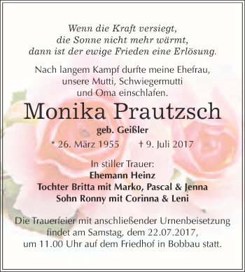 Traueranzeige von Monika Prautzsch von WVG - Wochenspiegel Bitterfeld