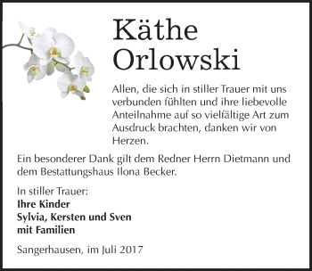 Traueranzeige von Käthe Orlowski von Mitteldeutsche Zeitung Sangerhausen