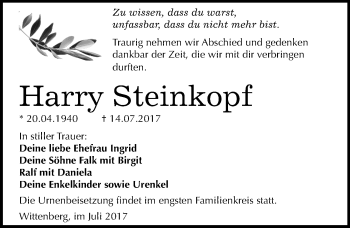 Traueranzeige von Harry Steinkopf von Mitteldeutsche Zeitung Wittenberg