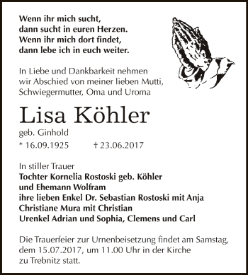 Traueranzeige von Lisa Köhler von WVG - Wochenspiegel NMB / WSF / ZTZ