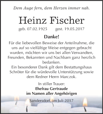 Traueranzeige von Heinz Fischer von WVG - Wochenspiegel Bitterfeld