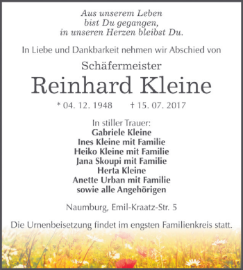 Traueranzeige von Reinhard Kleine von WVG - Wochenspiegel NMB / WSF / ZTZ