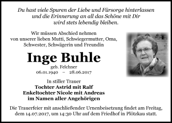 Traueranzeige von Inge Buhle von Mitteldeutsche Zeitung Bernburg
