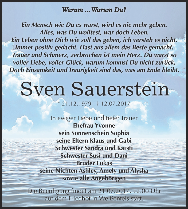  Traueranzeige für Sven Sauerstein vom 19.07.2017 aus WVG - Wochenspiegel NMB / WSF / ZTZ