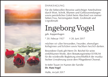 Traueranzeige von Ingeborg Vogel von Mitteldeutsche Zeitung Halle/Saalkreis