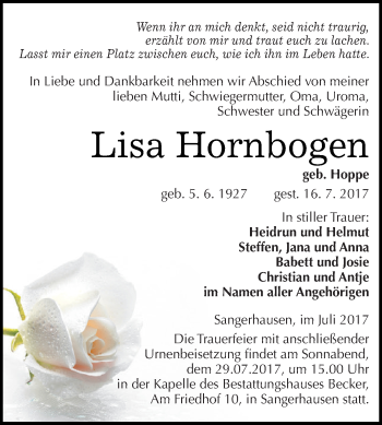 Traueranzeige von Lisa Hornbogen von Super Sonntag SGH Mansf. Land