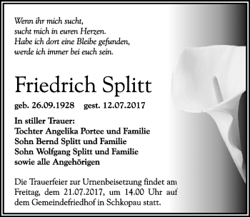 Traueranzeige von Friedrich Splitt von Mitteldeutsche Zeitung Merseburg/Querfurt